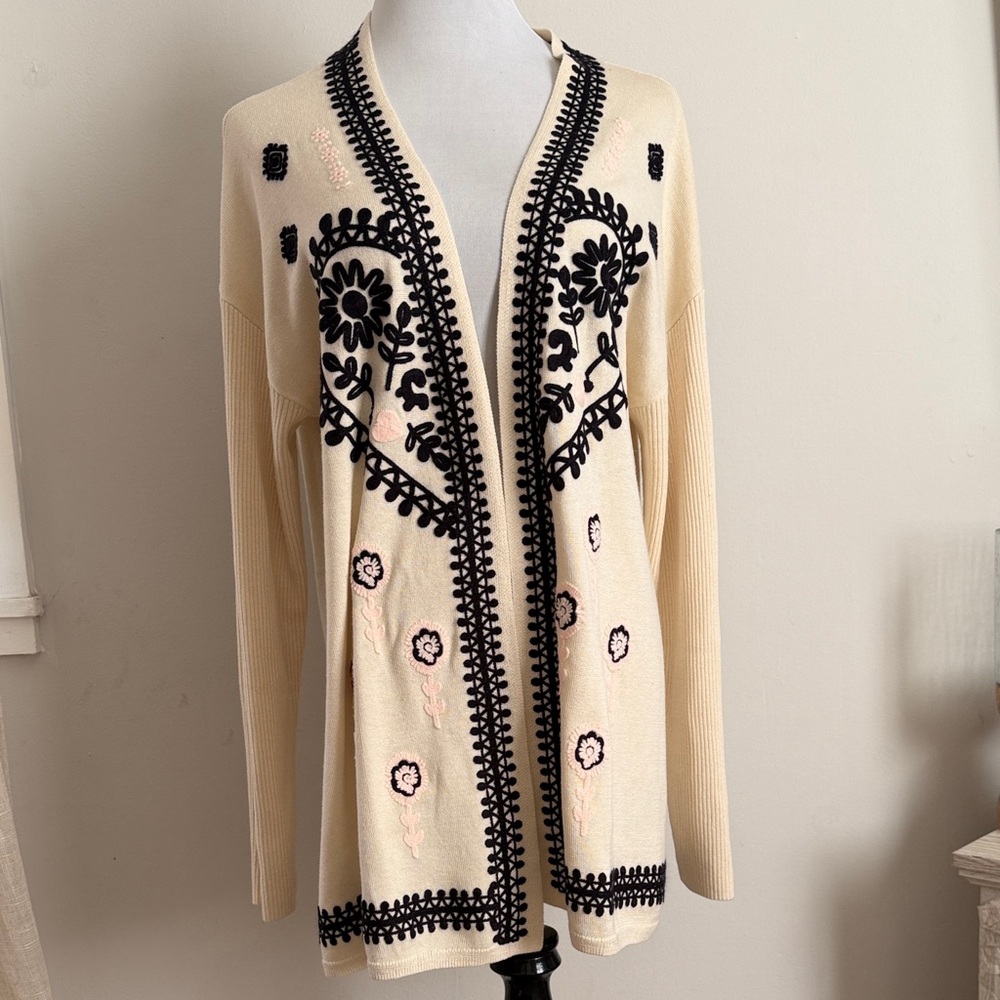 Johnny Was The Drape Cardigan XL Cashmere Silk Cream Open-Front Black Embroidery